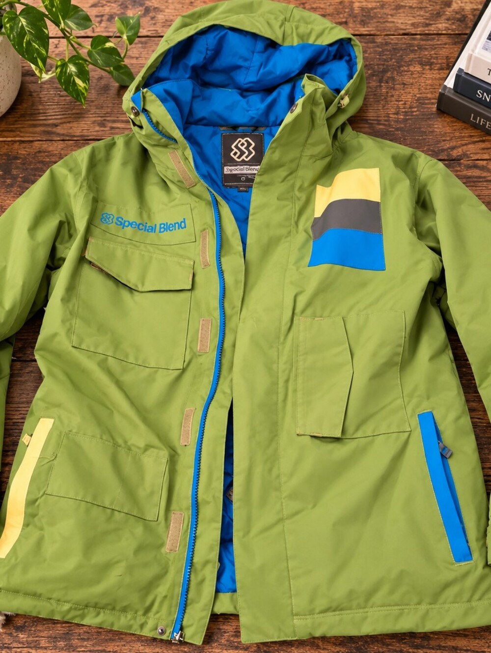 Special Blend Men's Snowboard Ski Jacket Small Green Blue Hooded Retro Y2K